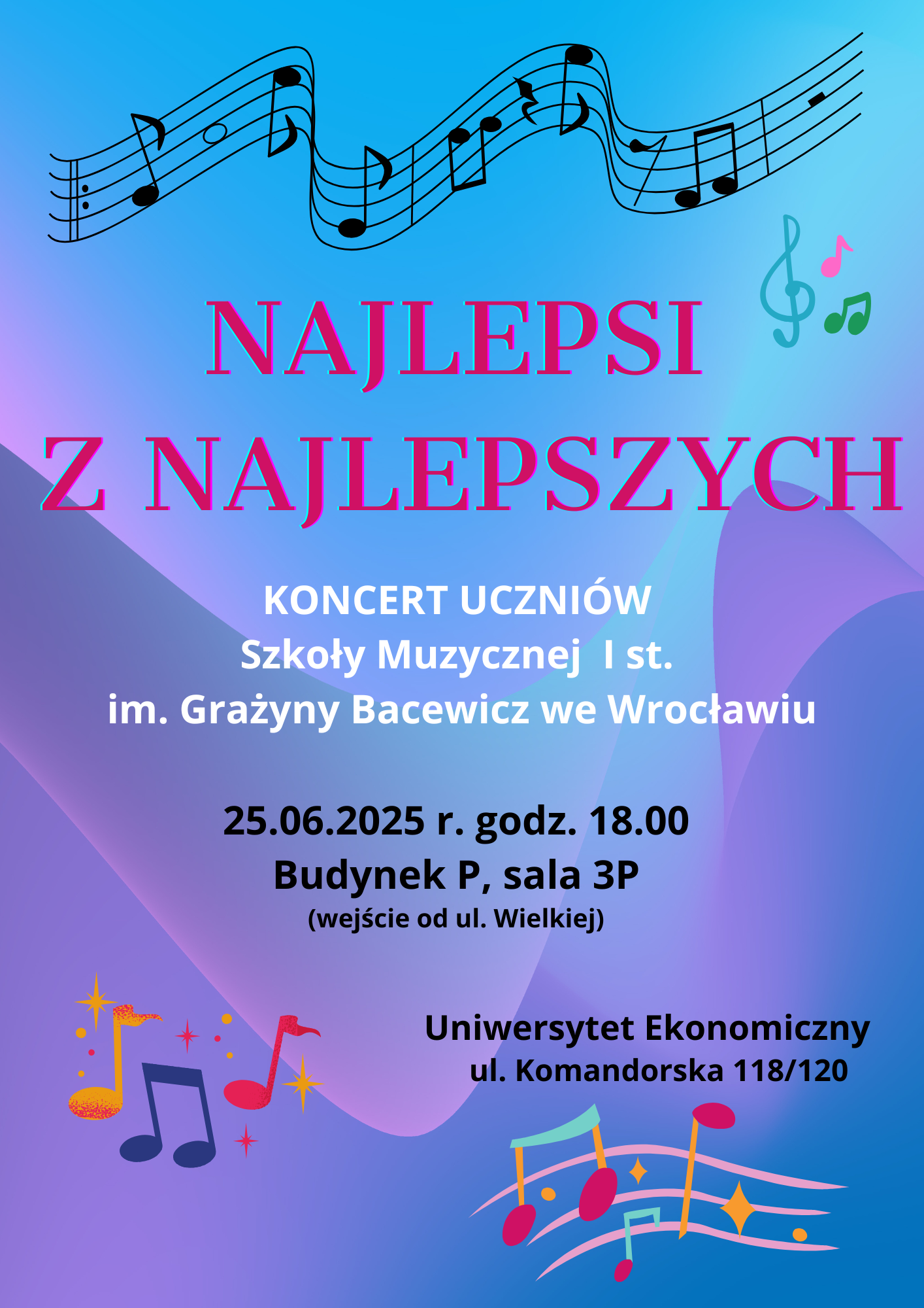 Na fioletowy tle kolorowy tekst informujący o koncercie "Najlepsi z najlepszych", dookoła kolorowe grafiki.