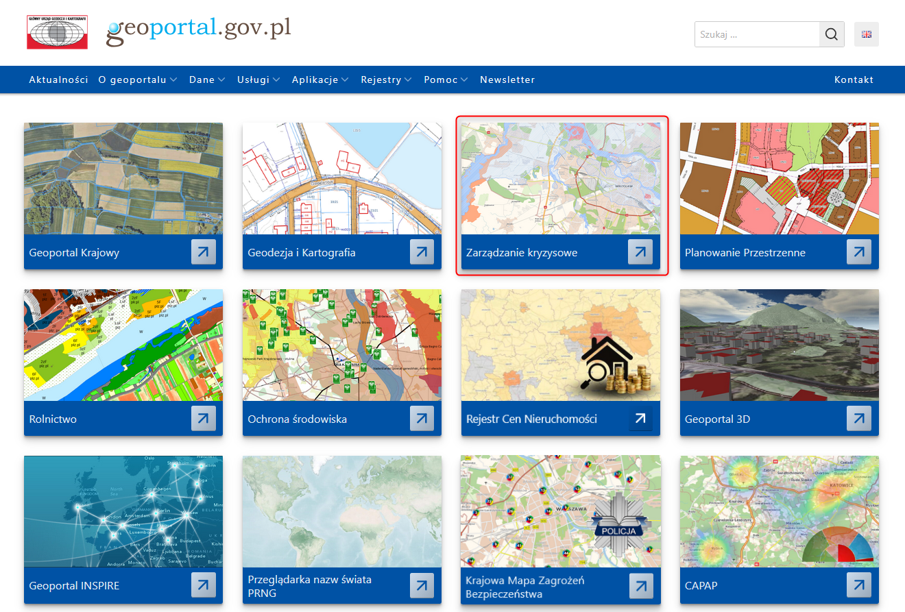 Ilustracja przedstawia stronę główną www.geoportal.gov.pl z zaznaczonym modułem "Zarządzanie kryzysowe"