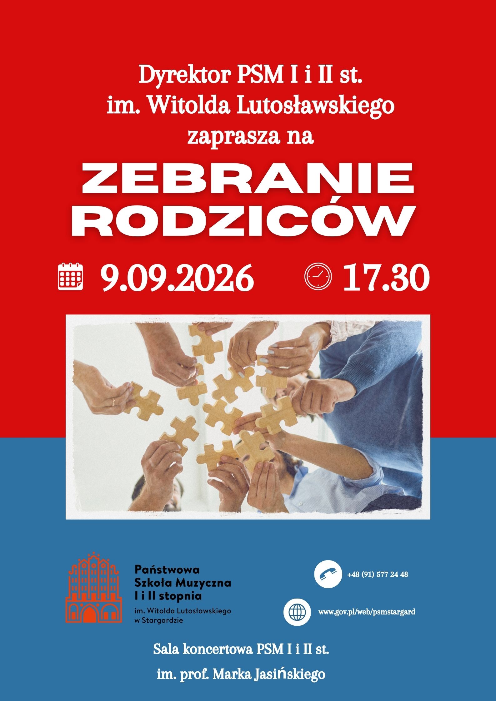 Plakat informujący o zebraniu rodziców w dniu 9 września 2026 o godzinie 17.30. Tło plakatu jest czerwono-niebieskie, a w jego środkowej części znajduje się zdjęcie na którym są ręce dorosłych ludzi trzymające drewniane puzzle.