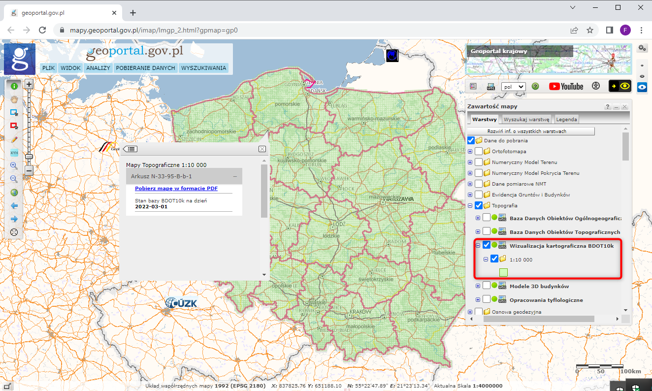 Ilustracja przedstawia zrzut ekranu z serwisu www.geoportal.gov.pl pokazujący w jaki sposób pobrać wizualizacje kartograficzne BDOT10k.