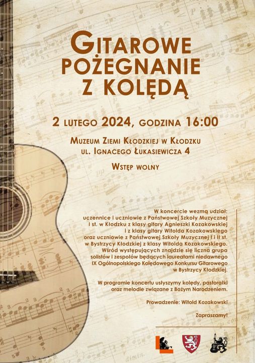 Plakat z grafiką gitary wraz z szczegółowymi informacjami na temat koncertu "Gitarowe pożegnanie z kolędą", który odbędzie się 2 lutego 2024 o godzinie 16:00 w Muzeum Ziemi Kłodzkiej w Kłodzku
