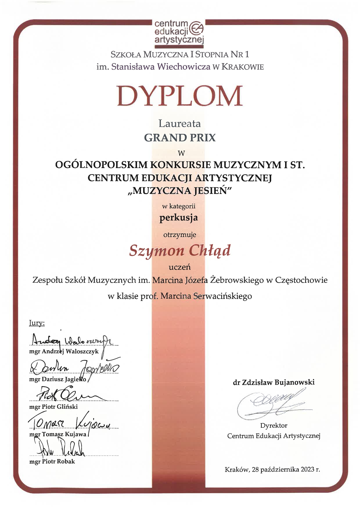 Dyplom laureata GRAND PRIX dla Szymona Chłąda w Ogólnopolskim Konkursie Muzycznym Centrum Edukacji Artystycznej I stopnia "Muzyczna Jesień"