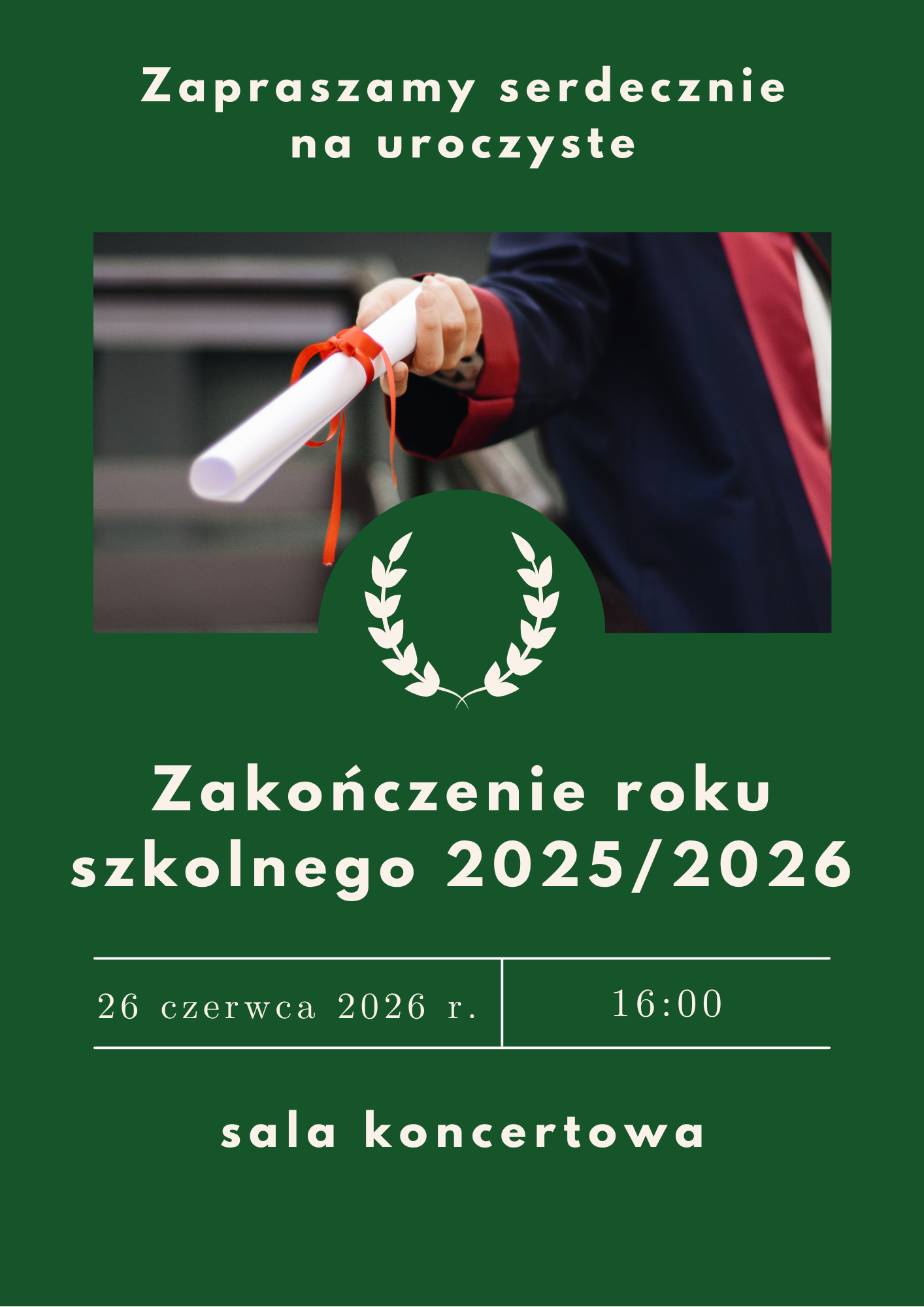 Plakat ze szczegółami wydarzenia z ręką trzymającą świadectwo na zielonym tle