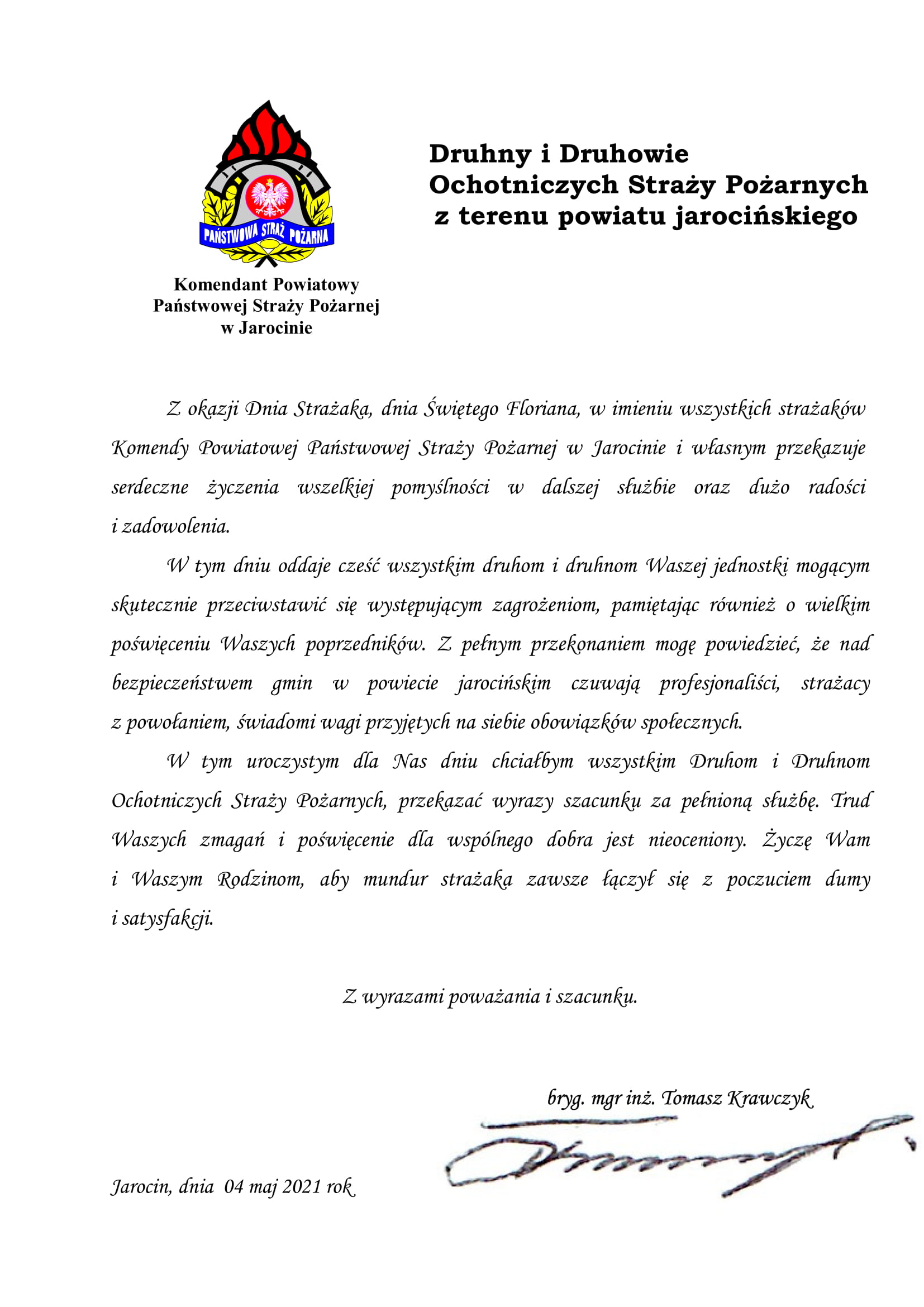 Życzenia KPPSP w Jarocinie