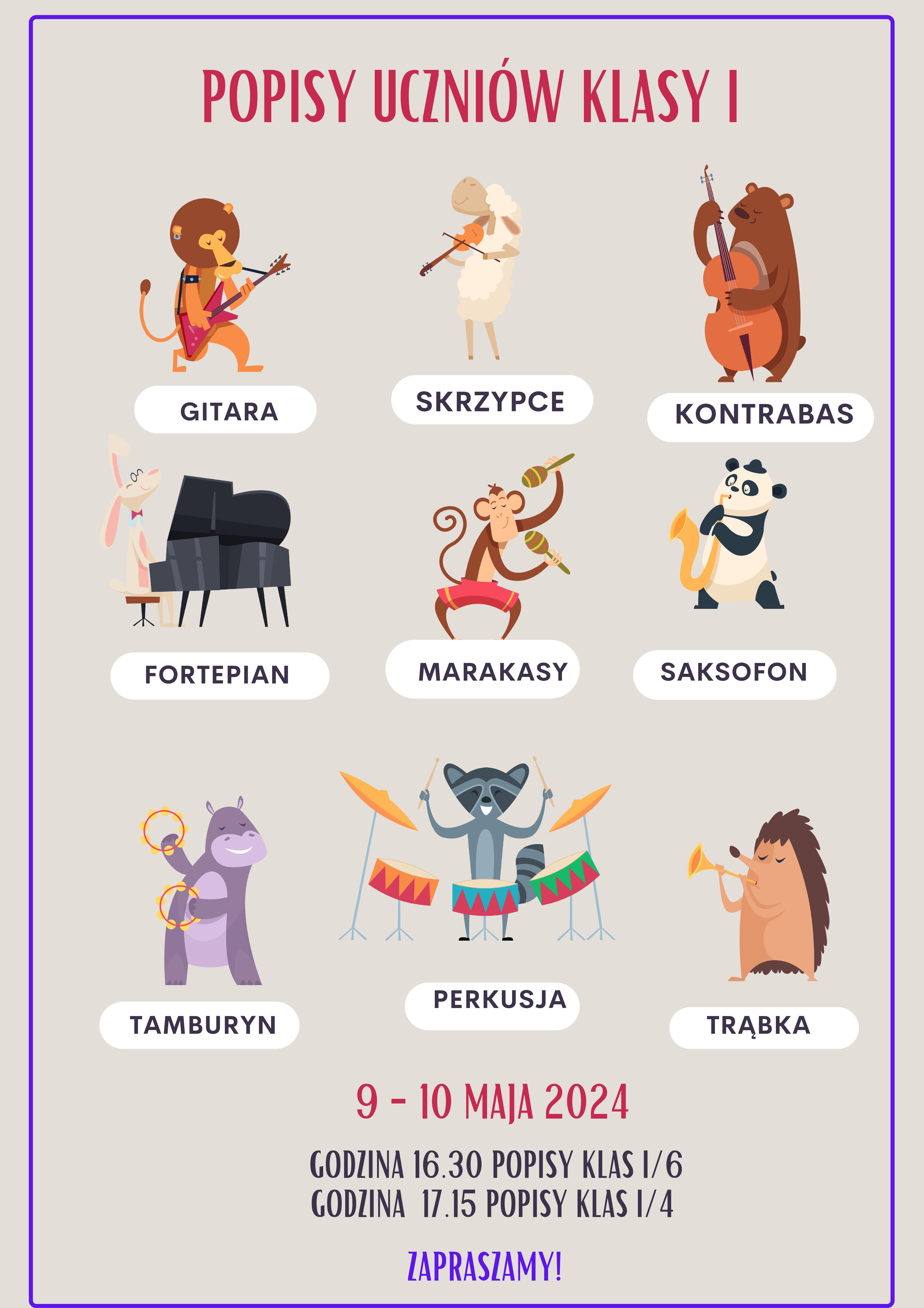 plakat na beżowym tle, na plakacie ikony różnych instrumentów, , na dole informacja o popisie