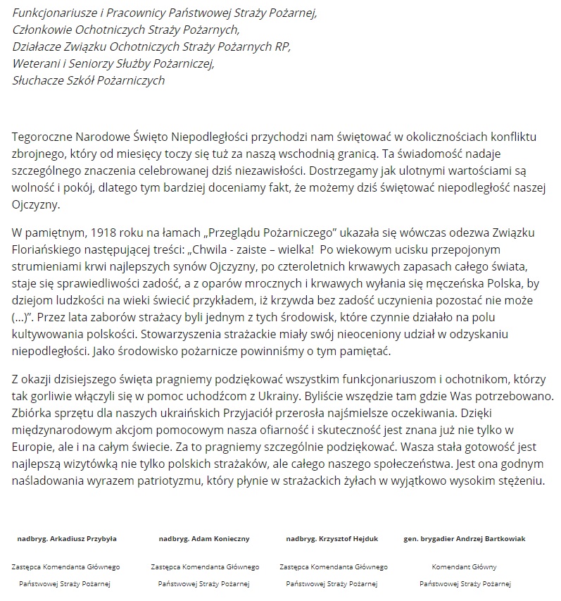 List Kierownictwa Państwowej Straży Pożarnej z okazji Święta Niepodległości.