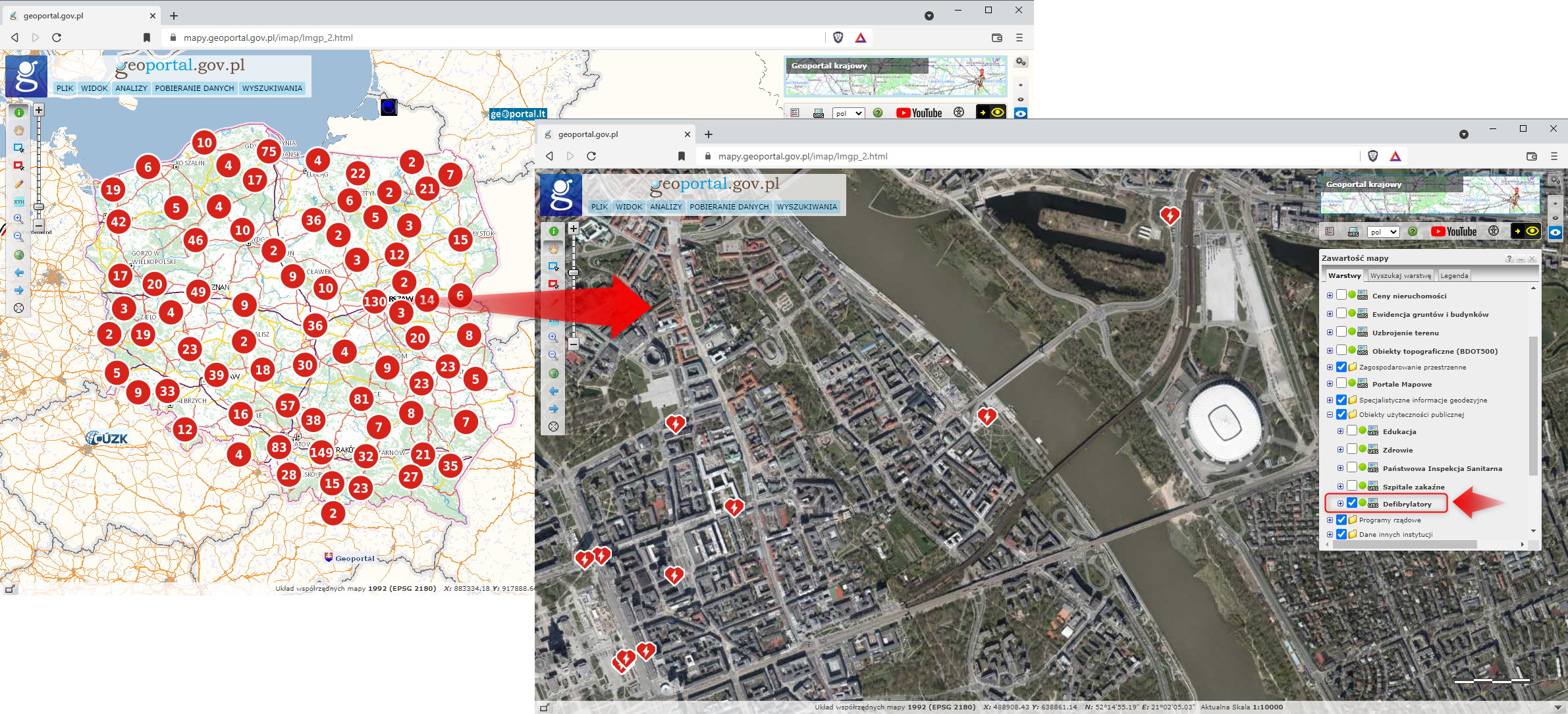 Ilustracja przestawia serwis mapowy www.geoportal.gov.pl wraz z widokiem na warstwę o nazwie "Defibrylatory" opracowaną na podstawie danych źródłowych przekazanych przez OpenStreetMap. Warstwa została podpięta w drzewku warstw w sekcji Obiekty użyteczności publicznej.