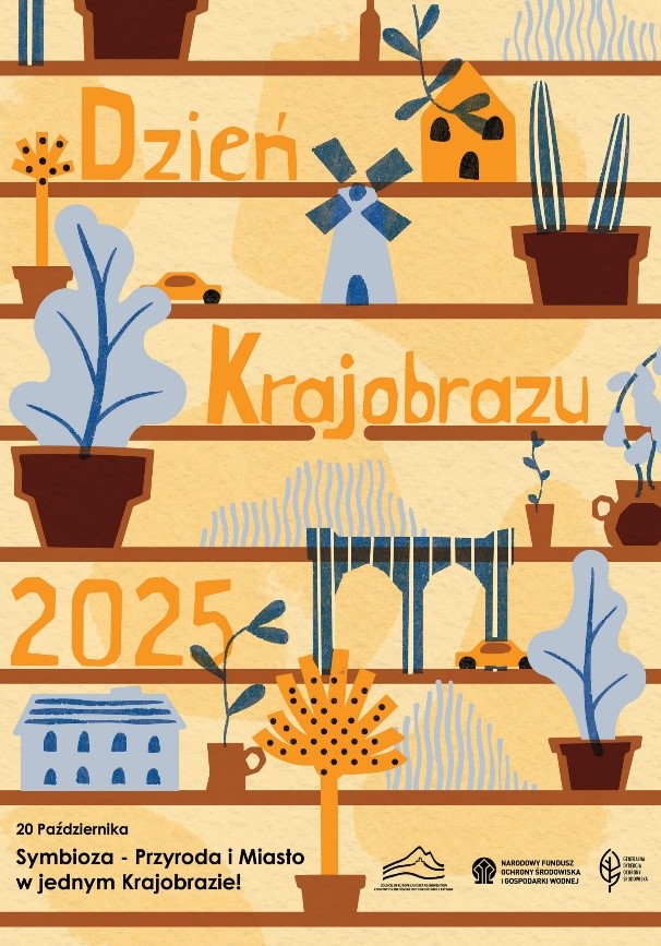 Grafika. Na beżowym tle przedstawione są poziome, brązowe kreski, które są półkami. "Ustawiono" na nich rysunki budynków, samochodów, doniczek. Na półkach znajduje sie również napis: "DZIEŃ KRAJOBRAZU 2025". A na dole grafiki:" 20 PAŹDZIERNIKA SYMBIOZA - PRZYRODA I MIASTO W JEDNYM KRAJOBRAZIE!"