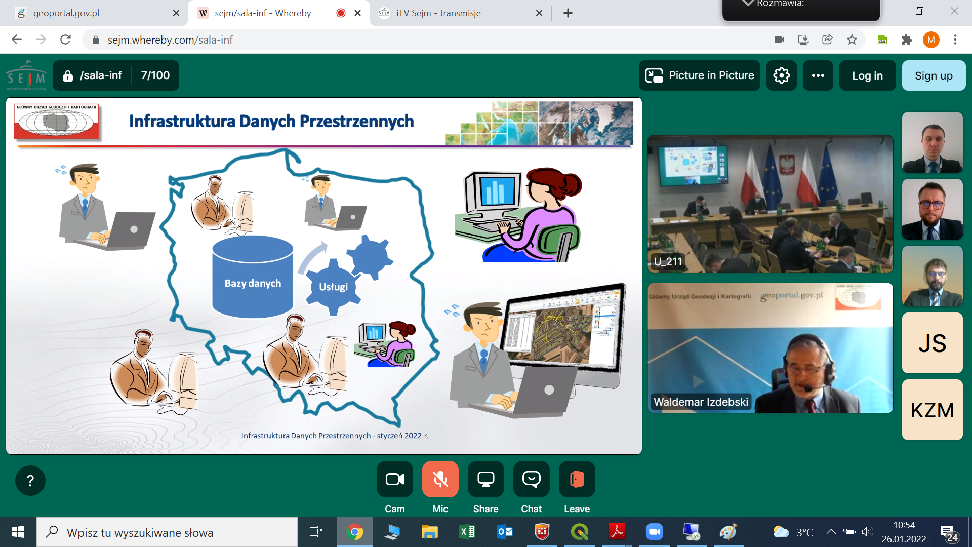 Zrzut ekranu z aplikacji Whereby pokazujący prezentującego Głównego Geodetę Kraju