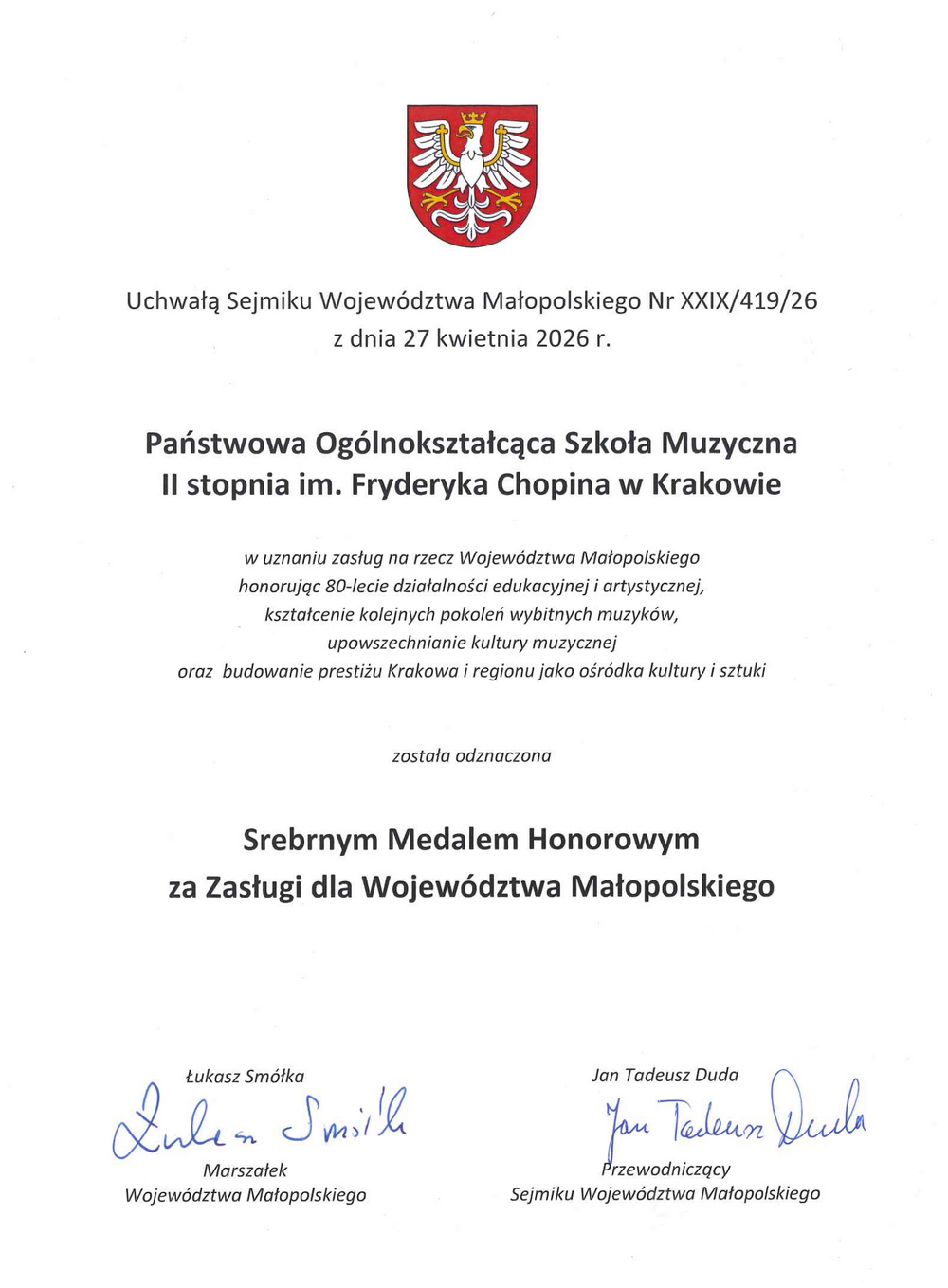 Skan dokumentu - uchwała Sejmiku Województwa Małopolskiego Nr XXIX/419/26 z dnia 27 kwietnia 2026 r. - szkoła została odznaczona Srebrnym Medalem Honorowym za Zasługi dla Województwa Małopolskiego