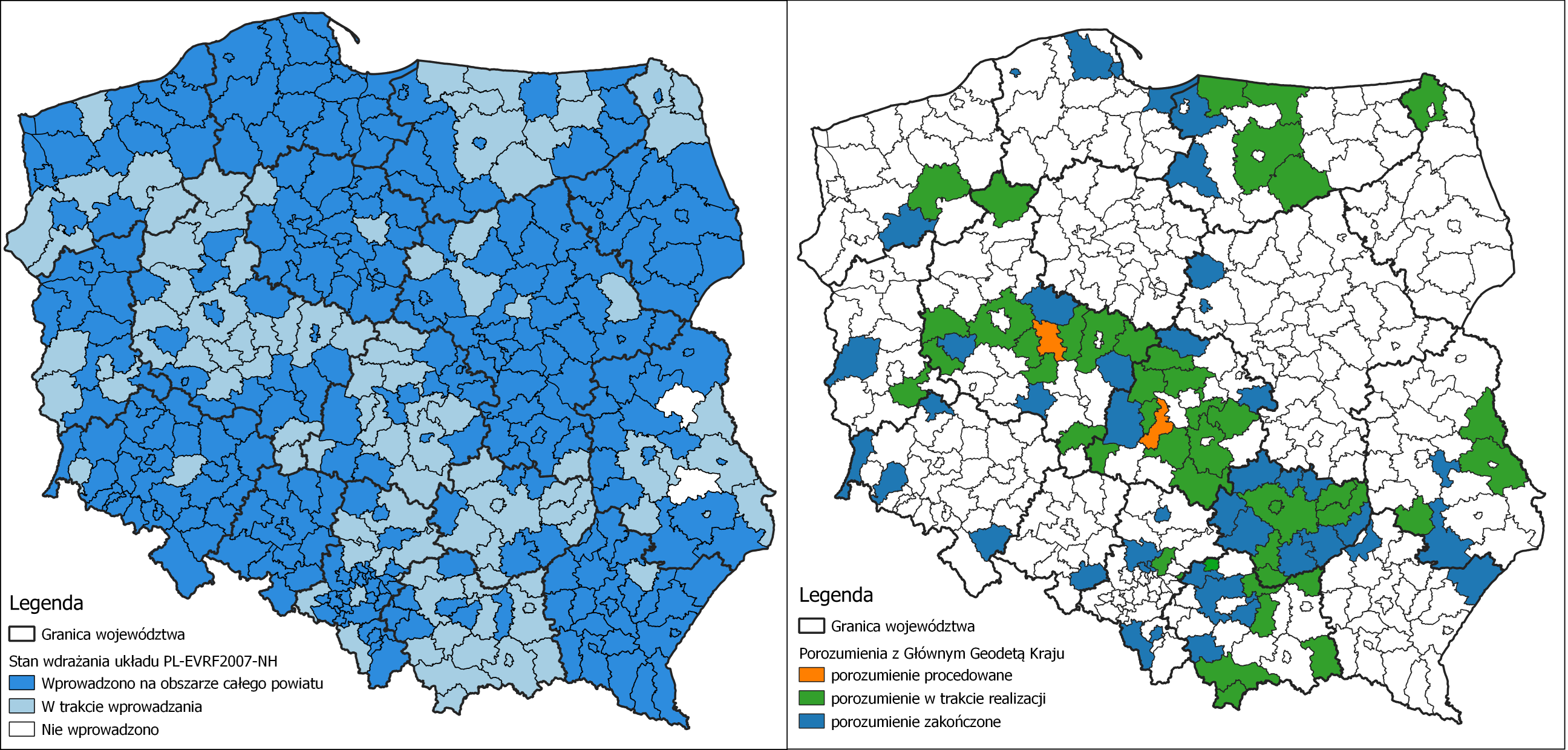 Ilustracja przedstawia zestawione obok siebie dwie mapy Polski z oznaczonym kolorystycznie: stanem wdrożenia układu PL-EVRF2007-NH w powiatach po lewej stronie i powiatami, z którymi zawarte zostało porozumienie po prawej stronie.