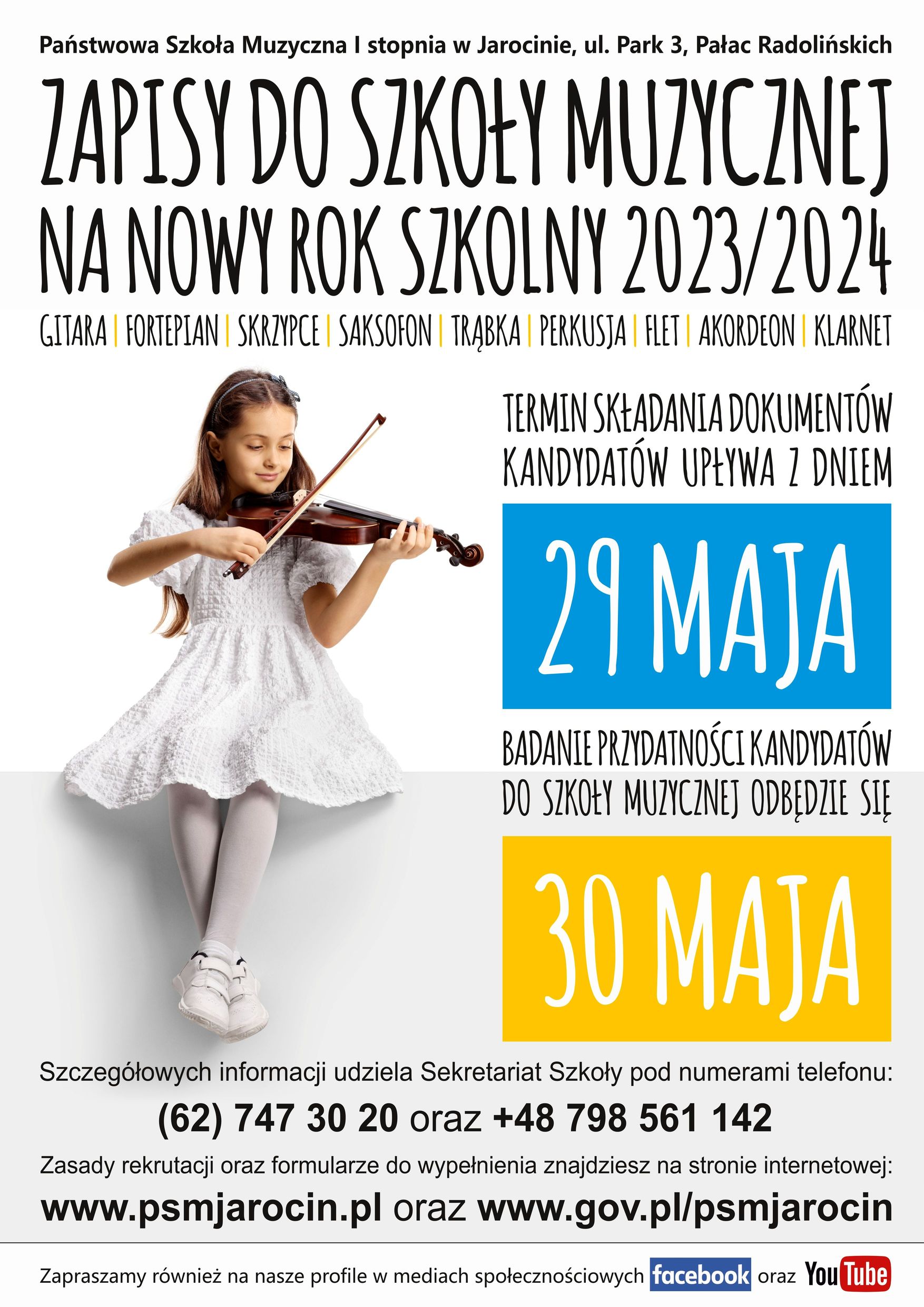 Plakat informujący o rekrutacji kandydatów do PSM I stopnia w Jarocinie na rok szkolny 2023/2024. Na plakacie umieszczone są adresy strony internetowej szkoły, numery telefonów do sekretariatu. W tle plakatu znajduje się dziewczynka na białym tle, grająca na skrzypcach.