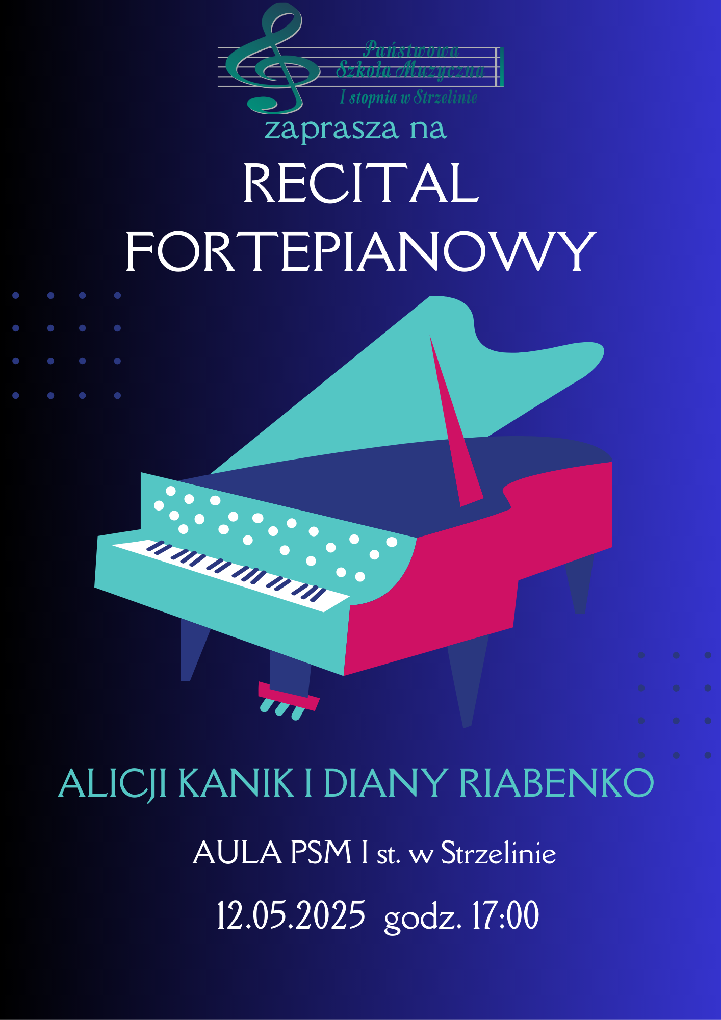 Na granatowym tle umieszczona została grafika fortepianu oraz informacje dotyczące koncertu.