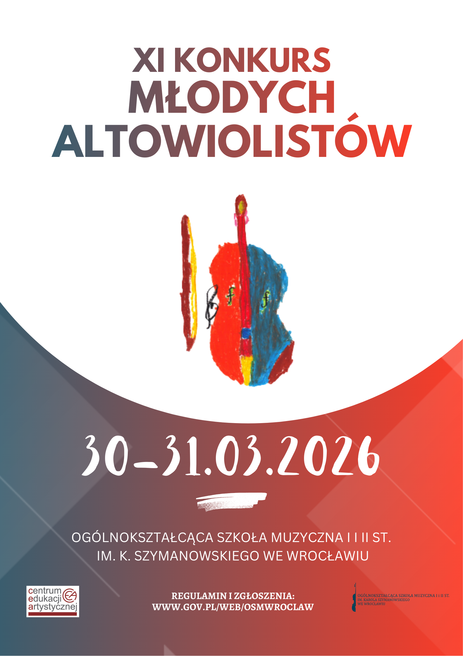 plakat w odcieniach czerwieni zapowiadający Konkurs Młodych Altowiolistów. Zawiera grafikę altówki oraz tytuł konkursu