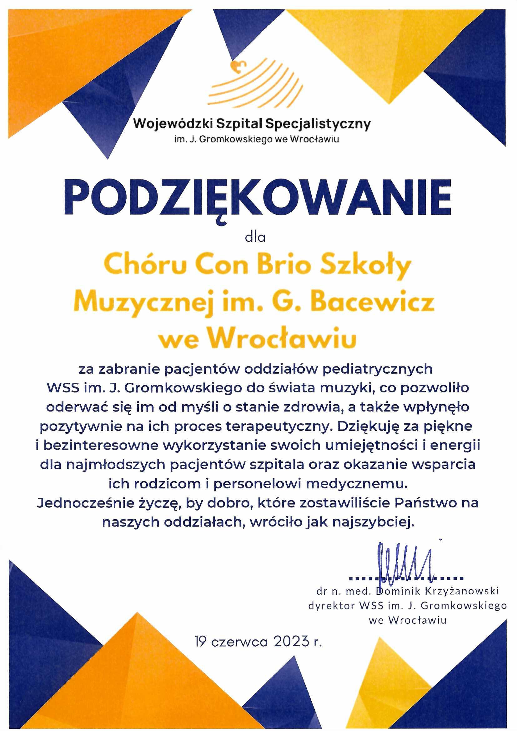 Podziękowanie - na białym tle tekst w kolorze niebeiskim i żółtym. Na dole i górze elementy graficzne w kolorze niebiesko-żółtym. 