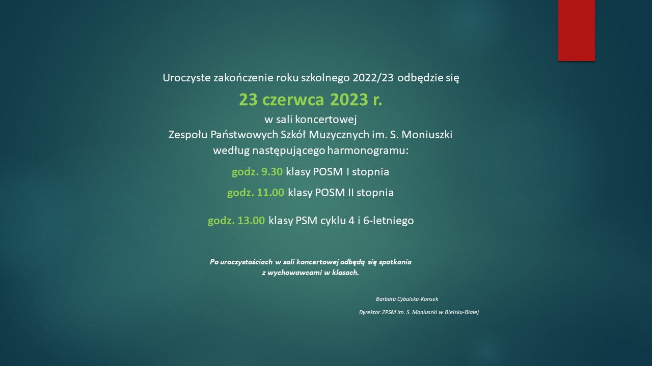napis na zielonym tle uroczyste zakończenie roku szkolnego 2022