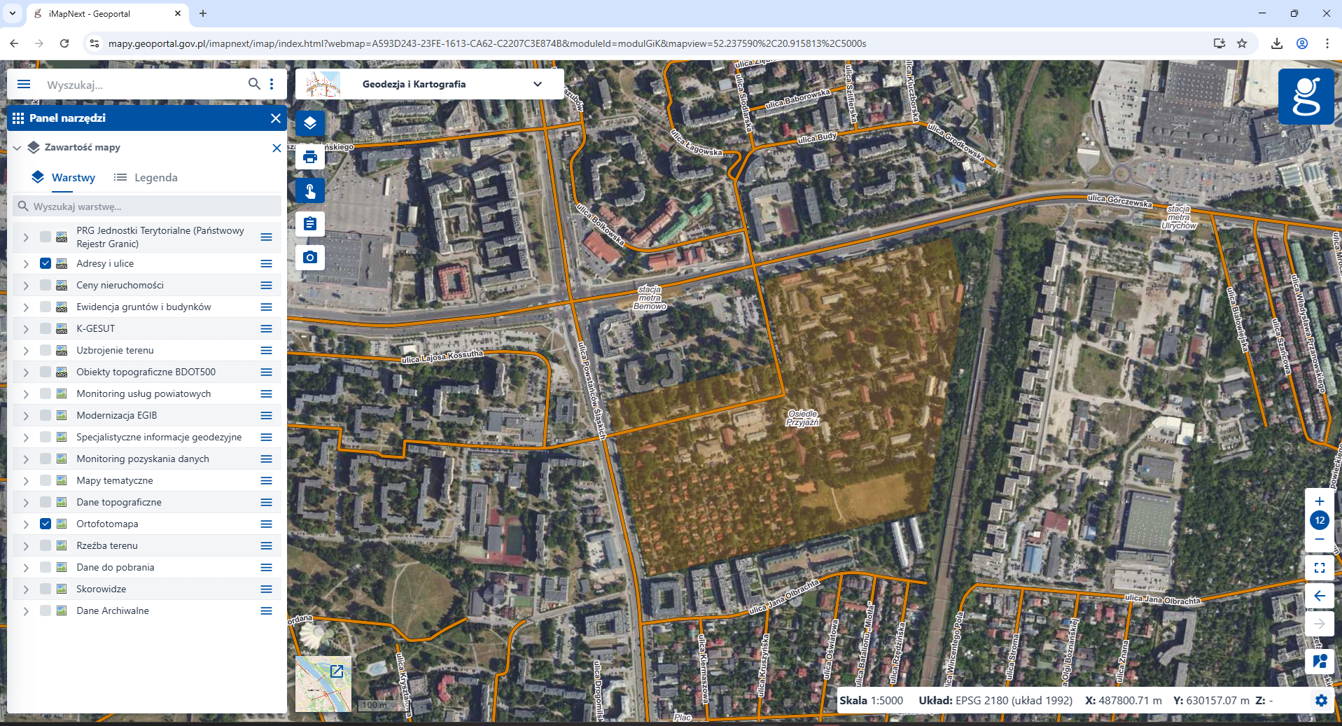 zrzut z Geoportalu przedstawiający Osiedle Przyjaźń