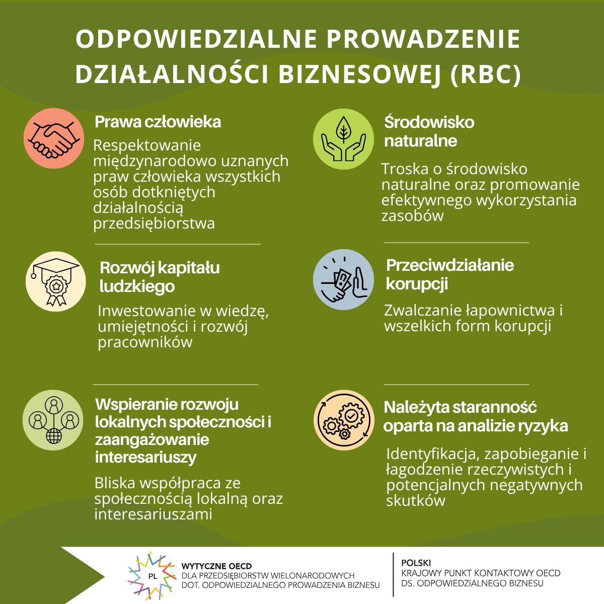 Grafika informacyjna. Odpowiedzialne prowadzenie działalności biznesowej: 1) Prawa człowieka - respektowanie międzynarodowo uznanych praw człowieka wszystkich osób dotkniętych działalnością przedsiębiorstwa, 2) Środowisko naturalne - troska o środowisko naturalne oraz promowanie efektywnego wykorzystania zasobów, 3) Rozwój kapitału ludzkiego - Inwestowanie w wiedzę, umiejętności i rozwój pracowników, 4) Przeciwdziałanie korupcji - zwalczanie łapownictwa i wszelkich form korupcji, 5) Wspieranie rozwoju lokalnych społeczności i angażowanie interesariuszy - bliska współpraca ze społecznością lokalną oraz interesariuszami, 6) Należyta staranność oparta na analizie ryzyka - identyfikacja, zapobieganie i łagodzenie rzeczywistych i potencjalnych negatywnych skutków.