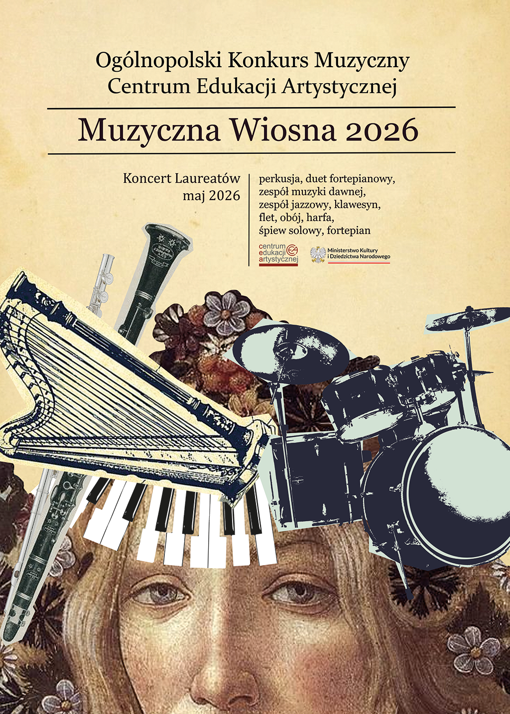 Kremowe tło, grafika instrumentów i twarzy, tekst dotyczący Konkursu CEA Muzyczna Wiosna