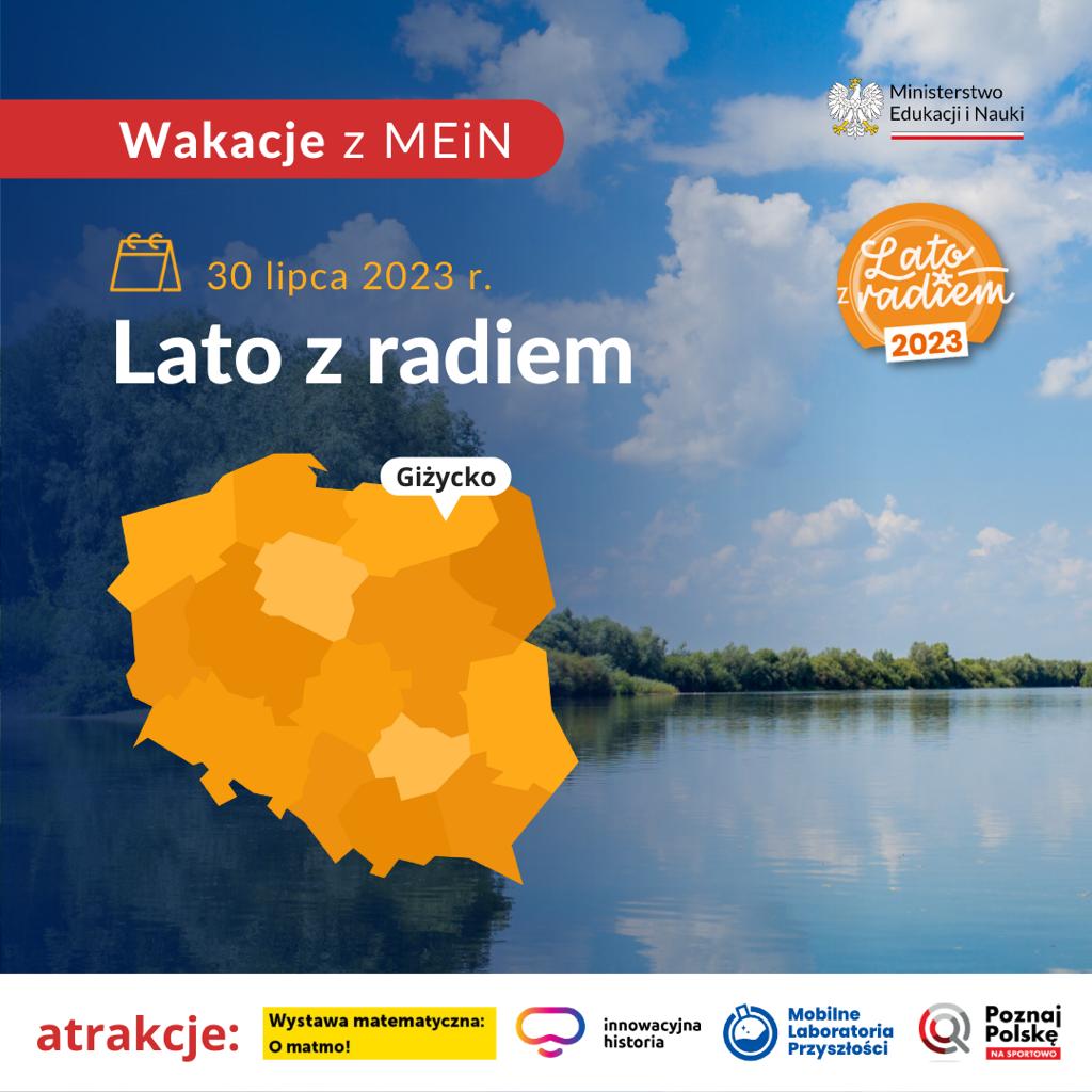 Widok na jezioro, obok napis Wakacje z MEiN - 30 lipca 2023 - Lato z radiem.