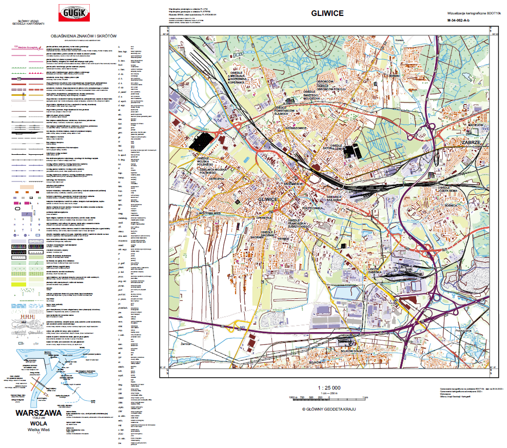 Ilustracja przedstawia przykładową wizualizację kartograficzną BDOT10k w skali 1:25000 dla miasta Warszawy.