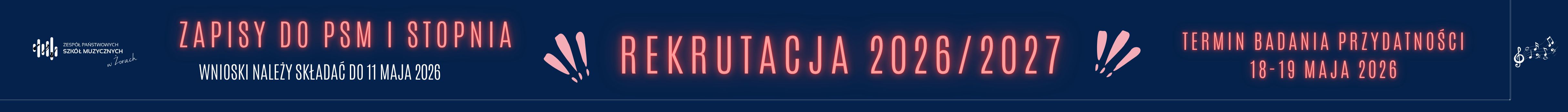Grafika tekstowa w kolorystyce granatowo-różowej z tekstem Rekrutacja 2026/2027”. 