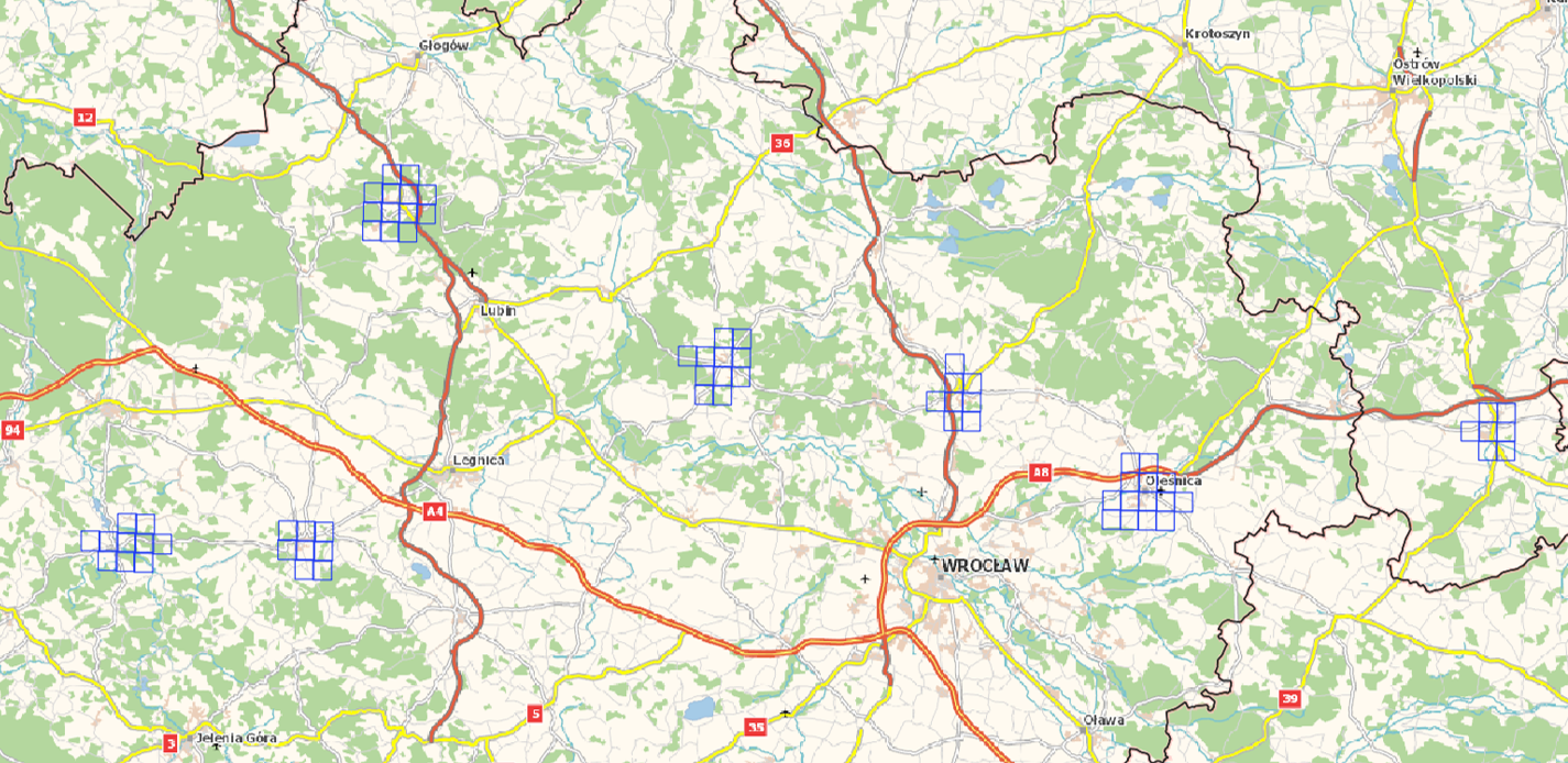 Ilustracja przedstawia zrzut ekranu z zasięgiem nowo przyjętych danych dla obszaru województwa dolnośląskiego i wielkopolskiego.