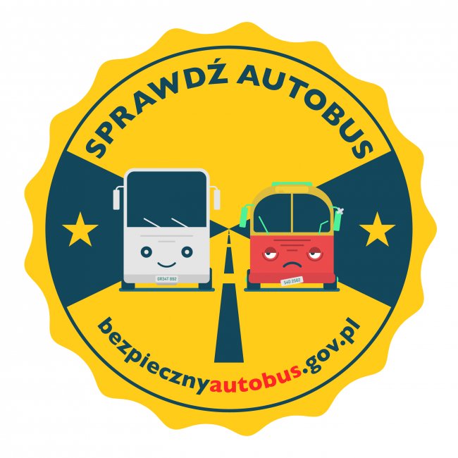 Kolorowa grafika Bezpieczny autobus. Okrągła żółta grafika przedstawiające 2 autobusy. Jeden z uśmiechniętą minką, drugi ze smutną minką. Na górze grafiki napis: Sprawdź autobus, na dole adres strony bezpiecznyautobus.gov.pl