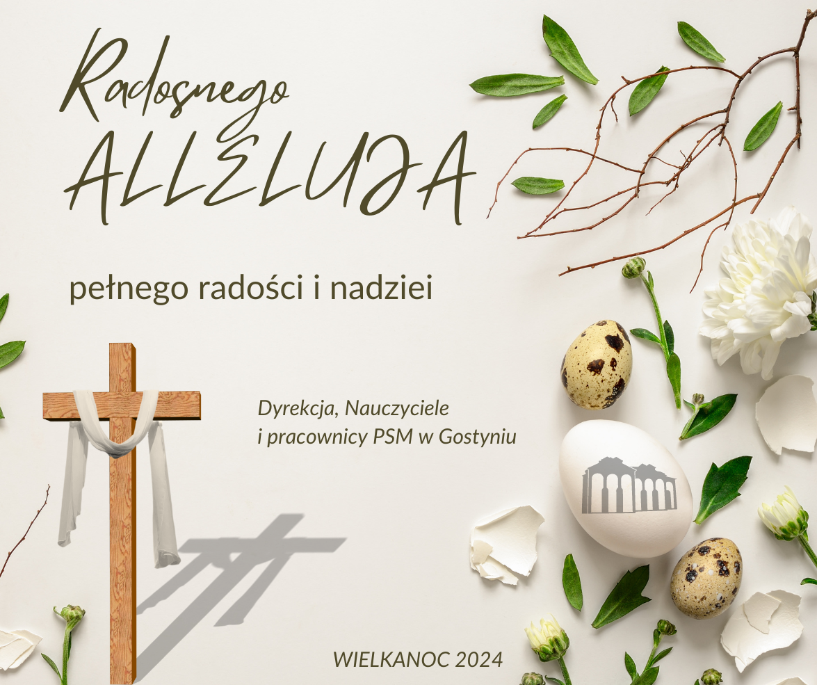 Kartka świąteczna z życzeniami WIelkanocnymi. Z prawej strony wielkanocne jajka, a z lewej Krzyż Chrystusa zmartwychwstałego.