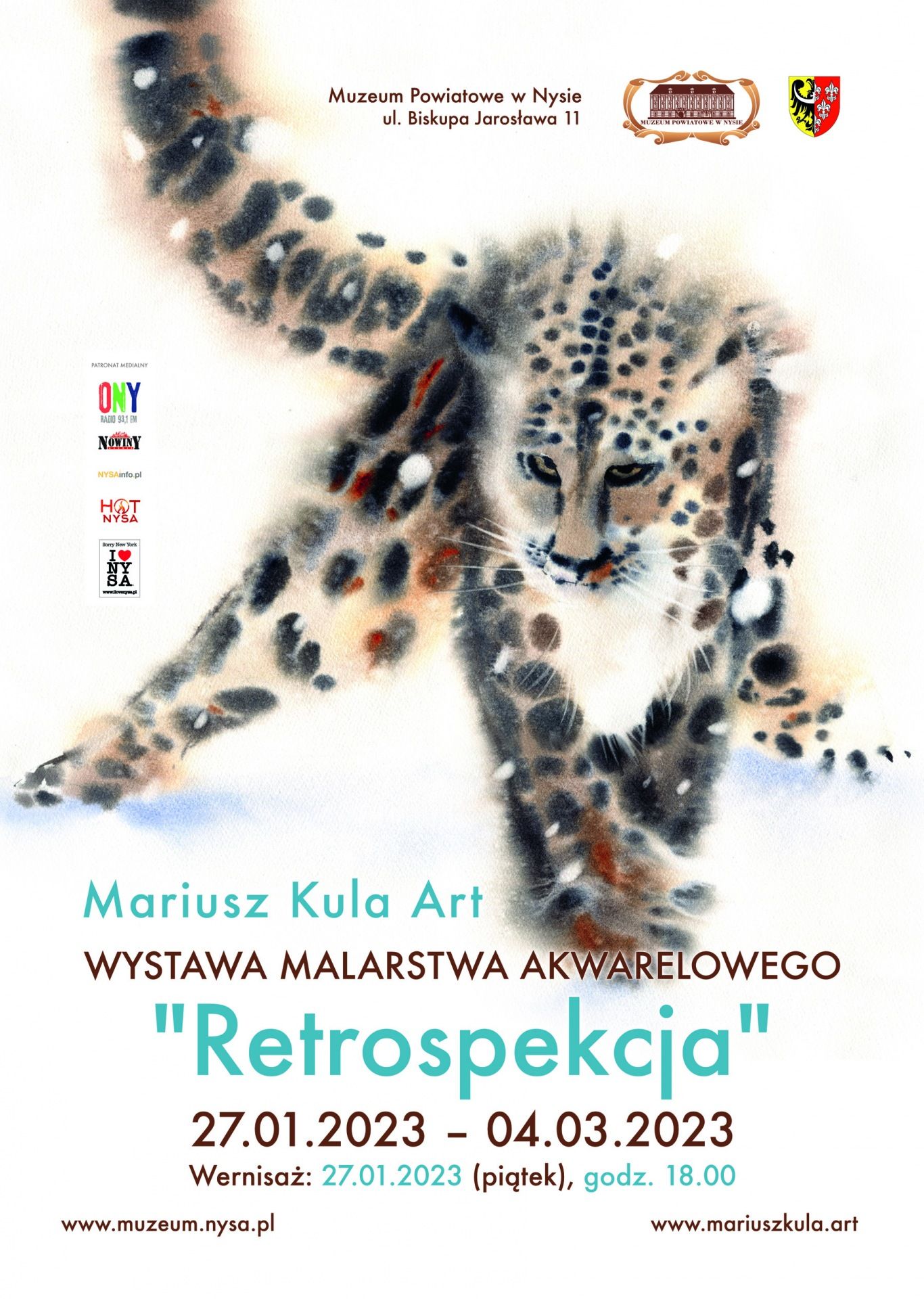 Grafika - afisz. Tło białe. Dominującym elementem graficznym jest dziki kot. na górze napis: Muzeum Powiatowe w Nysie. Obok wstawione są loga instytucji wspierających organizacje imprezy. Na dole napisy: Mariusz Kula Art - WYSTAWA MALARSTWA AKWARELOWEGO "RETROSPEKCJA" - 27.01.2023 - 04.03.2023. Wernisaż: 27.01.2023 (piątek), godz. 18.00. Na samym dole wpisane są adresy stron internetowych: www.muzeum.nysa.pl oraz www.mariuszkula.art.