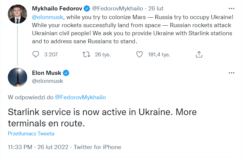 Zrzut ekranu z konta wicepremiera Ukrainy Mykhailo Faedorova na Twitterze z apelem do Elona Muska o dostarczenie Starlinków wraz z odpowiedzią Muska, że serwis został już aktywowany.