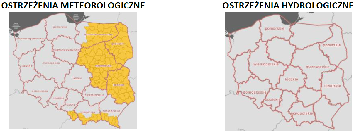 Ostrzeżenia meteorologiczne i hydrologiczne z podziałem na województwa - 26 grudnia 2025. Kolor czerwony dla ostrzeżeń 3 stopnia, pomarańczowy dla 2 stopnia, żółty dla 1 stopnia, szary dla suszy, biały brak ostrzeżeń. 