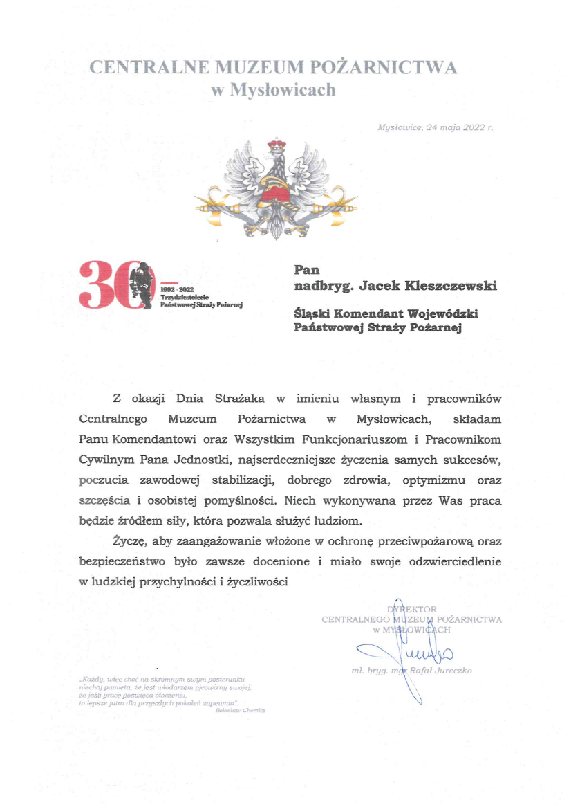 Życzenia od Dyrektora Centralnego Muzeum Pożarnictwa w Mysłowicach