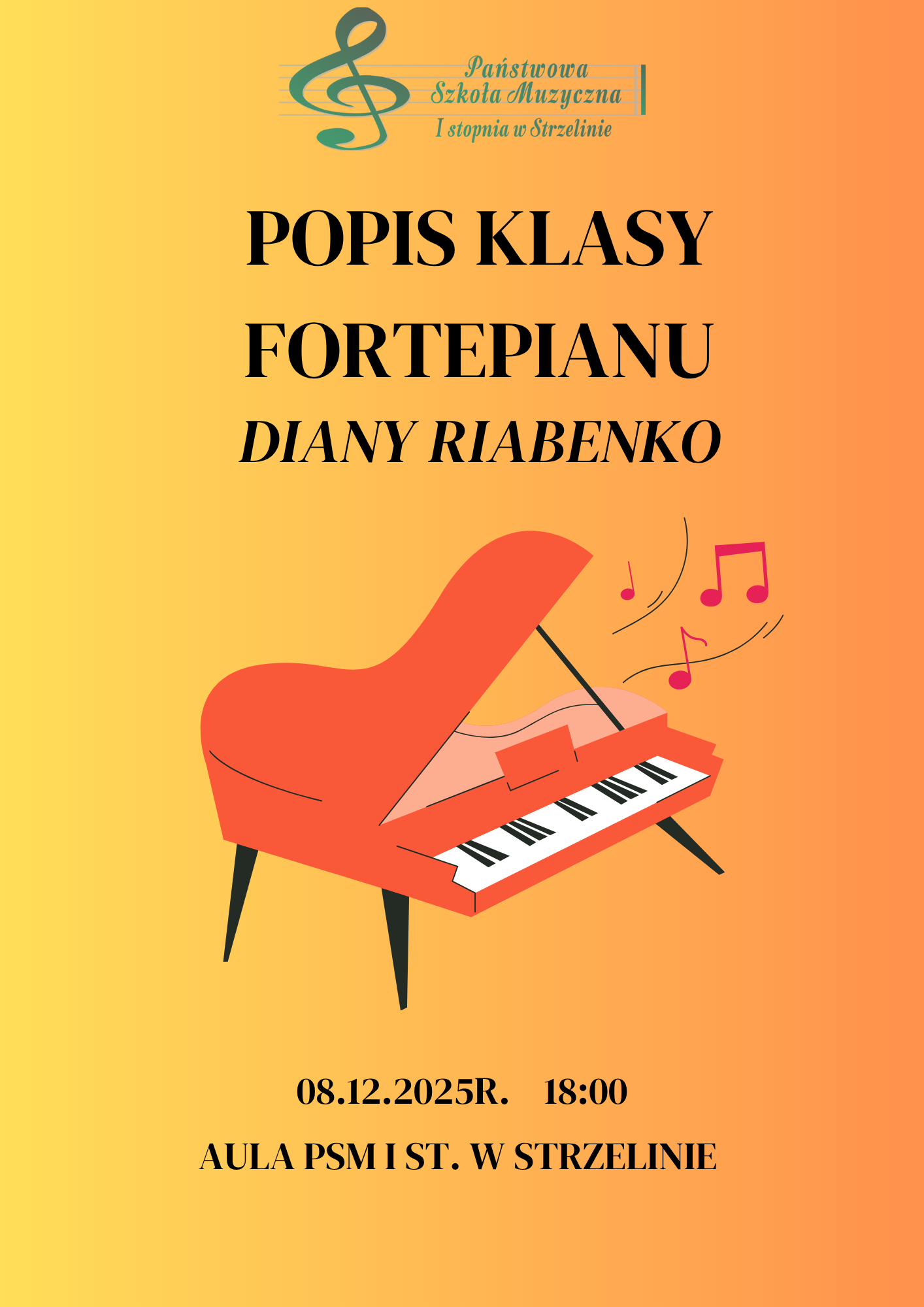 Na kolorowym tle znajduje się grafika fortepianu oraz informacje dotyczące wydarzenia.