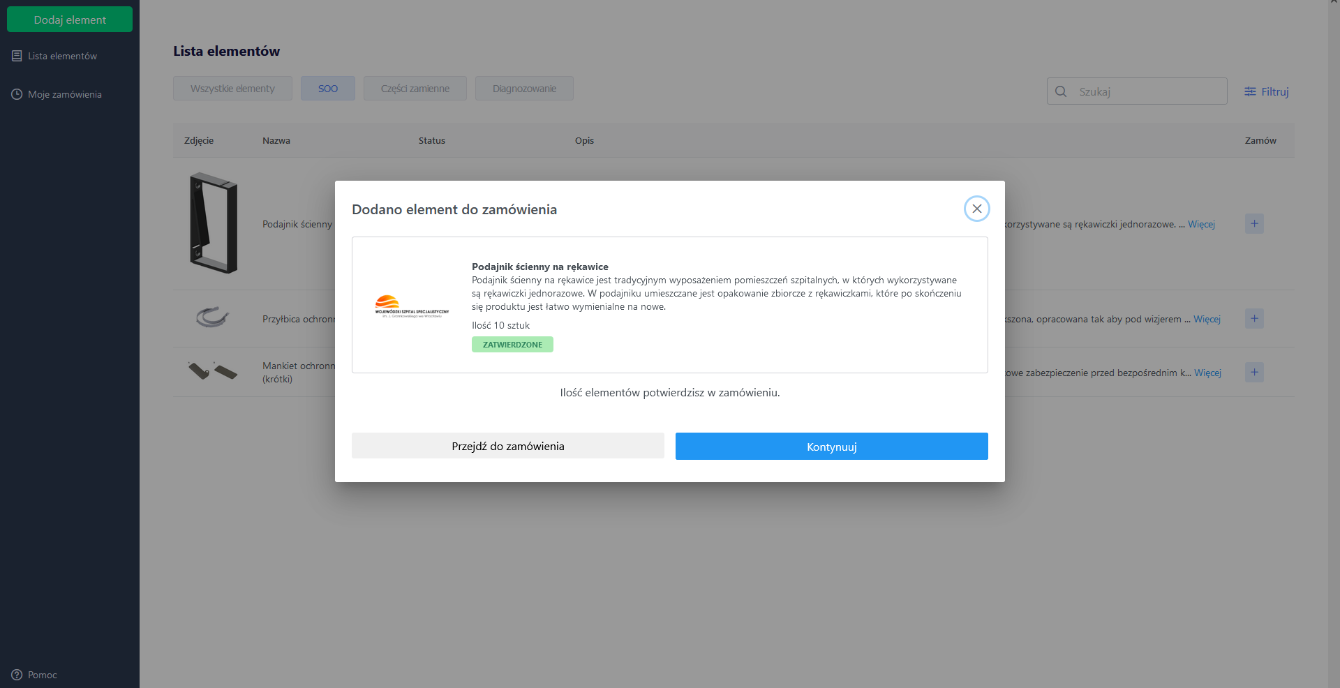 Widok strony podczas operacji złożenia zamówienia wybranych części dla Zamawiającego (podmiotów szpitalnych)