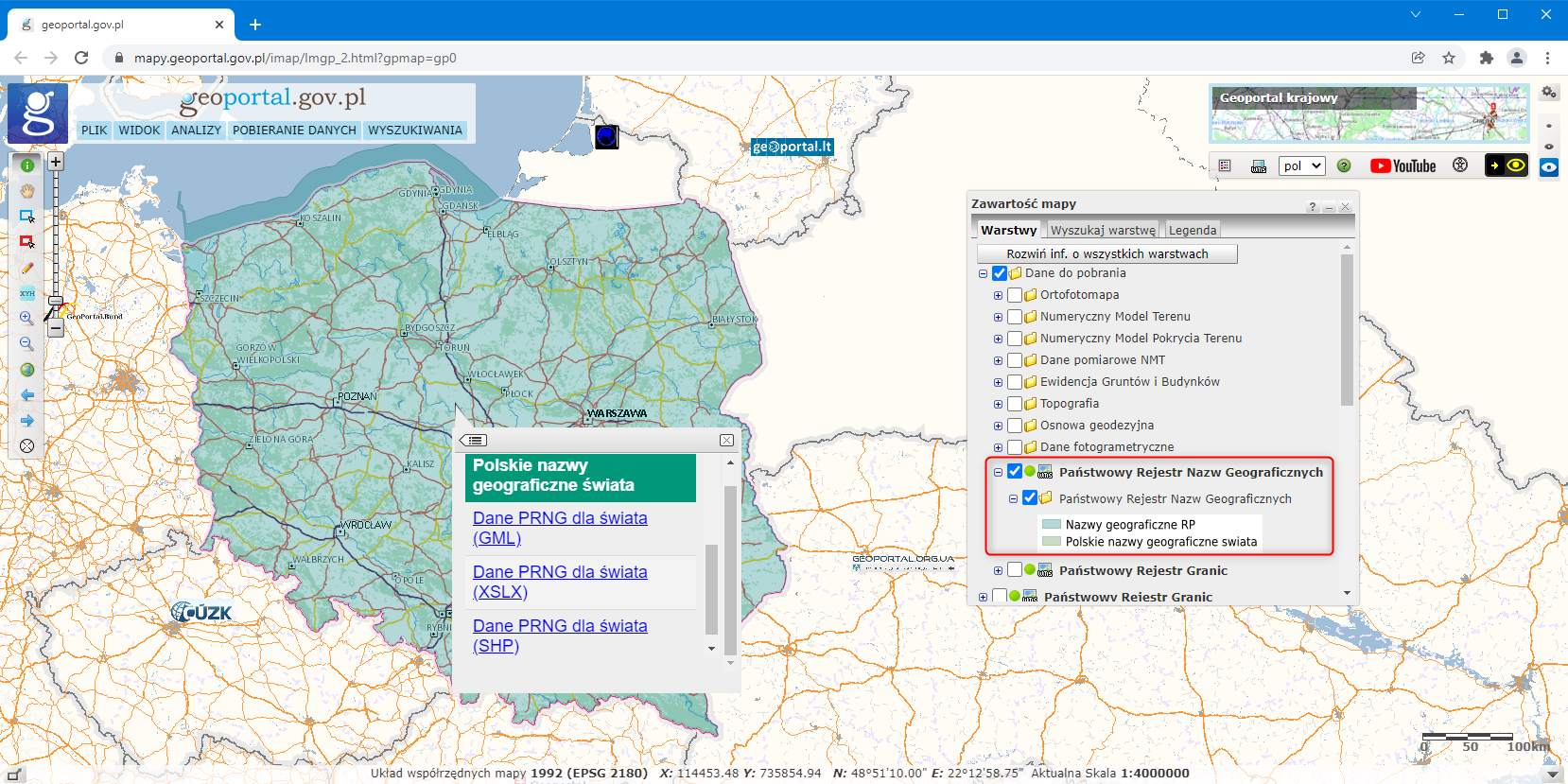 ilustracja przedstawiająca zrzut ekranu ze strony www.geoportal.gov.pl z listą warstw i identyfikacją watstw wraz z listą wyeksportowanych plików z bazy PRNG do pobrania
