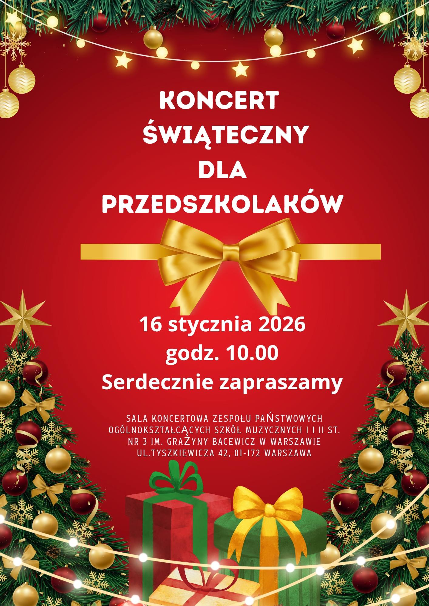 Plakat informujący o koncercie dla przedszkolaków w dniu 16 stycznia o godzinie 10.00