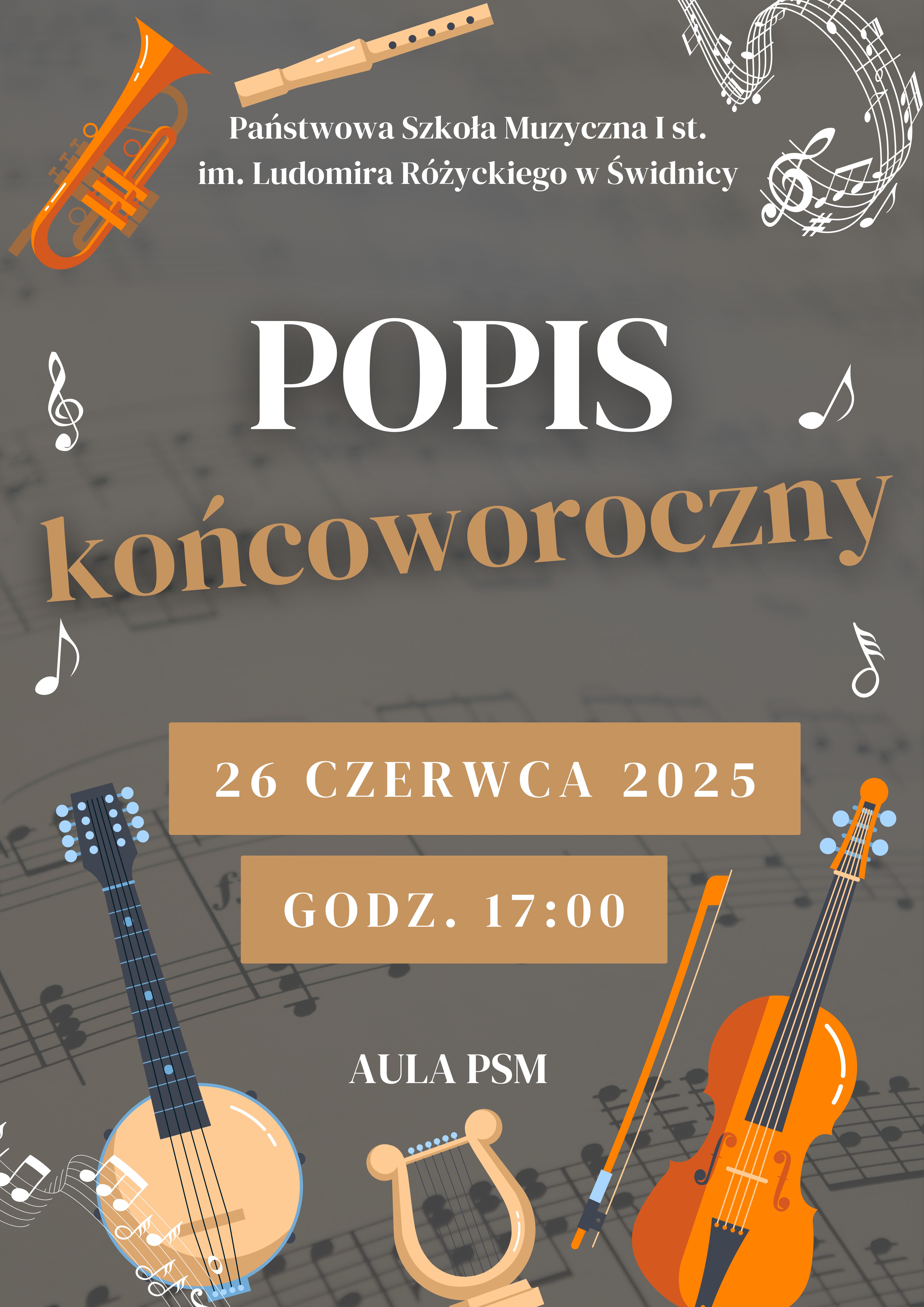 Plakat - brązowe tło przebijące się zarysy zapisu nutowego . Na tym tle ikonografia instrumentów muzycznych. Po środku białe napisy informujące o koncercie i miejscu.
