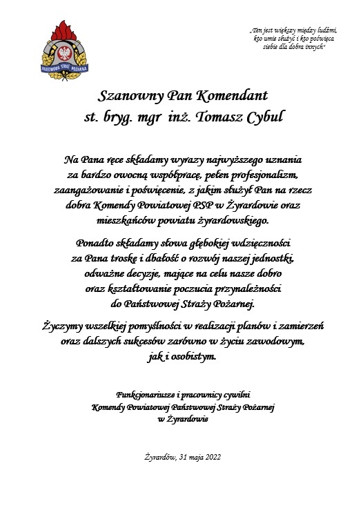 Podziękowanie dla st. bryg. Tomasza Cybul