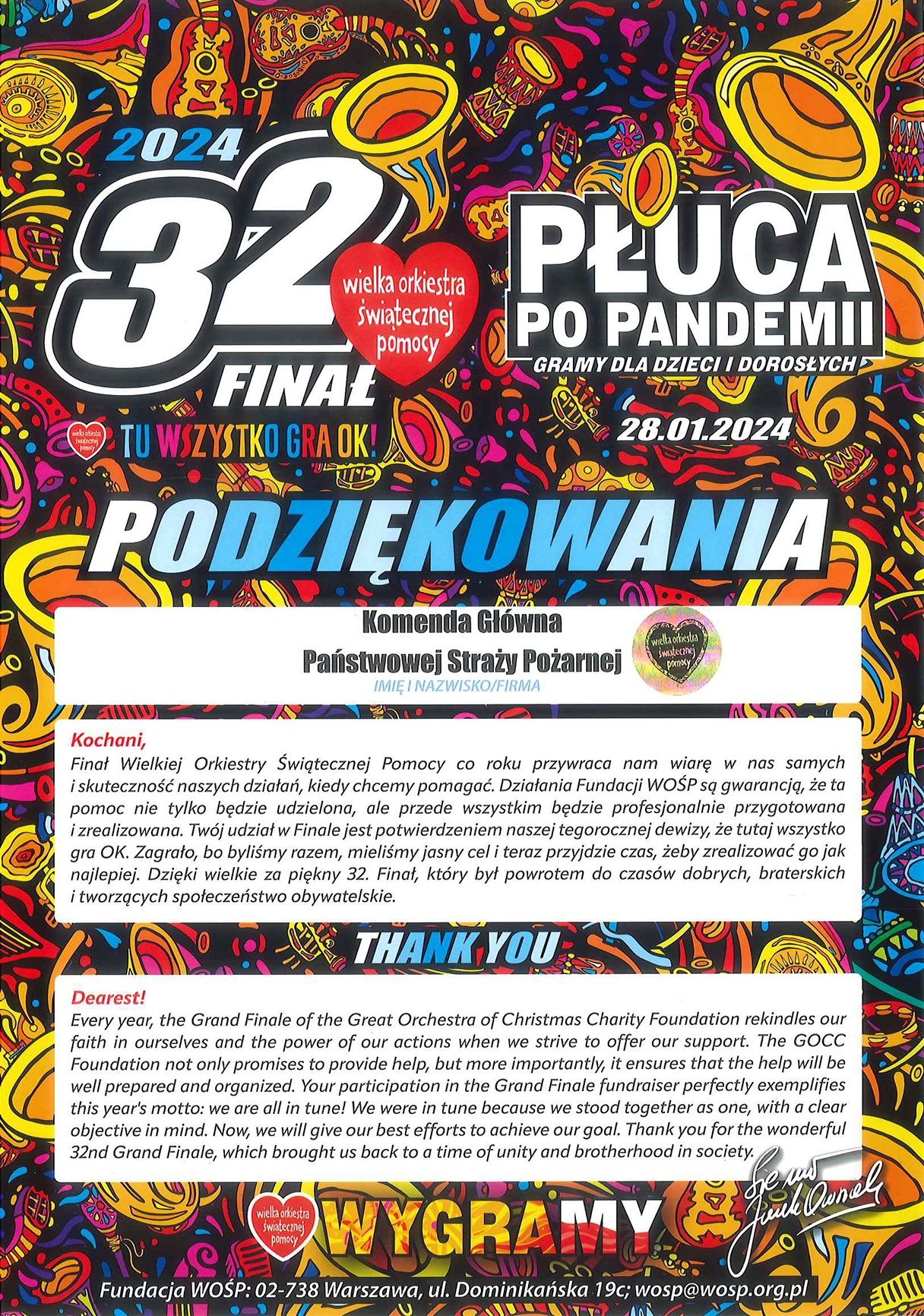 Podziękowania fundacji WOŚP za pomoc i udział w organizacji 32 Finału Wielkiej Orkiestry Świątecznej Pomocy