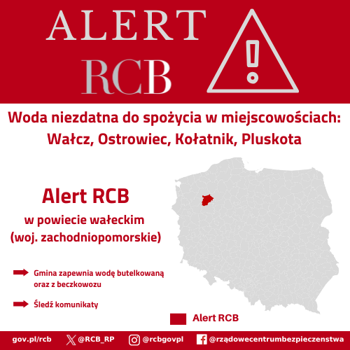 Alert RCB dotyczący wody niezdatnej do picia w powiecie wałeckim z 9 października 2025. Na czerwono zaznaczono obszar alarmowania. 