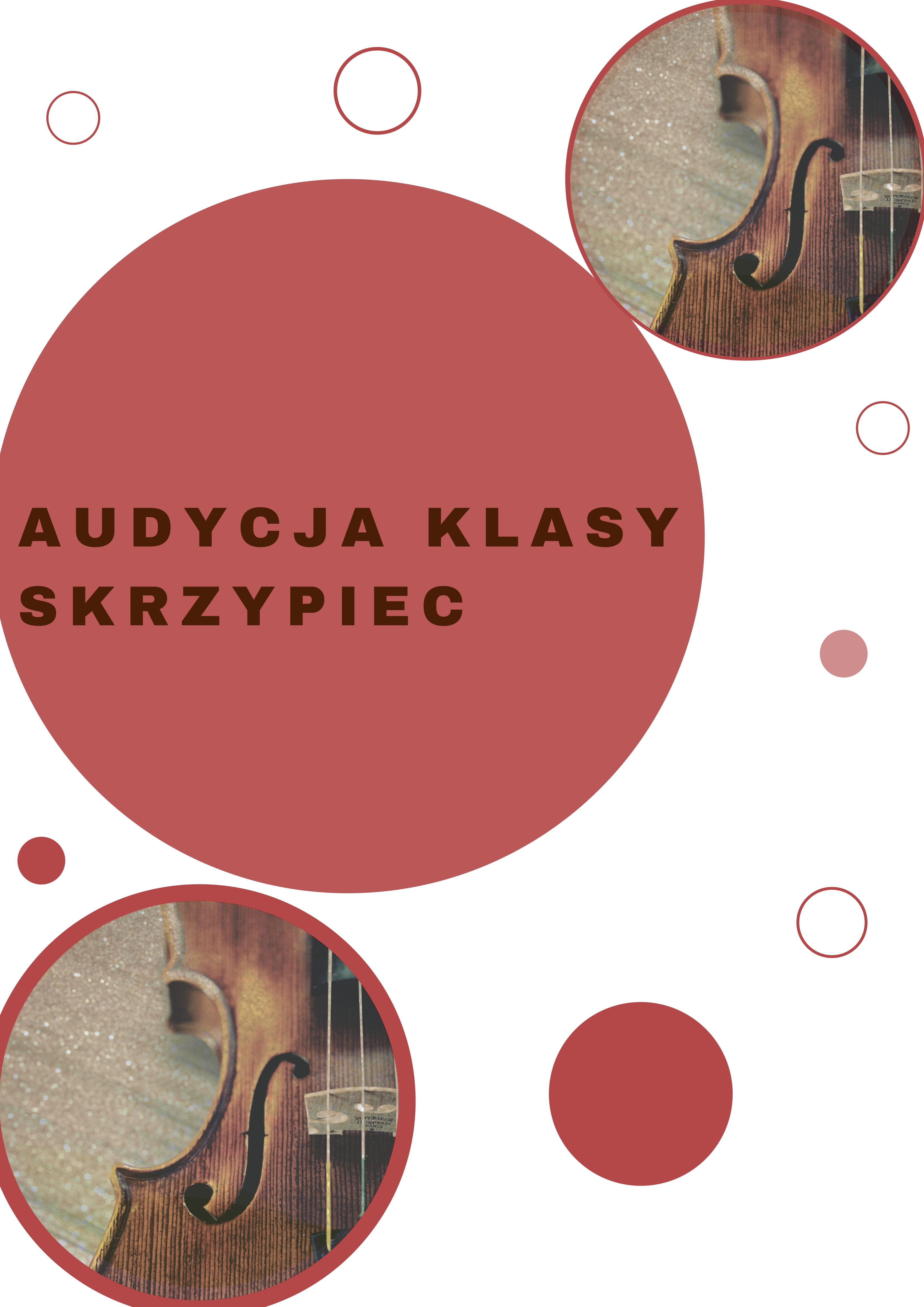 Na białym tle jarzębinowe koła i okręgi. Wewnątrz dwóch znajdują się fragmenty skrzypiec.