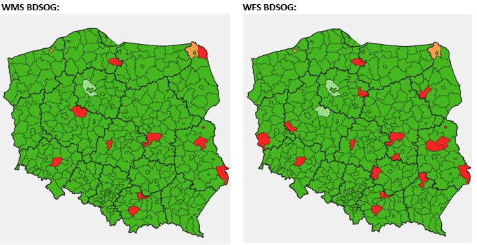 mapy prezentujące stan zgłoszonych usług WMS i WFS BDSOG