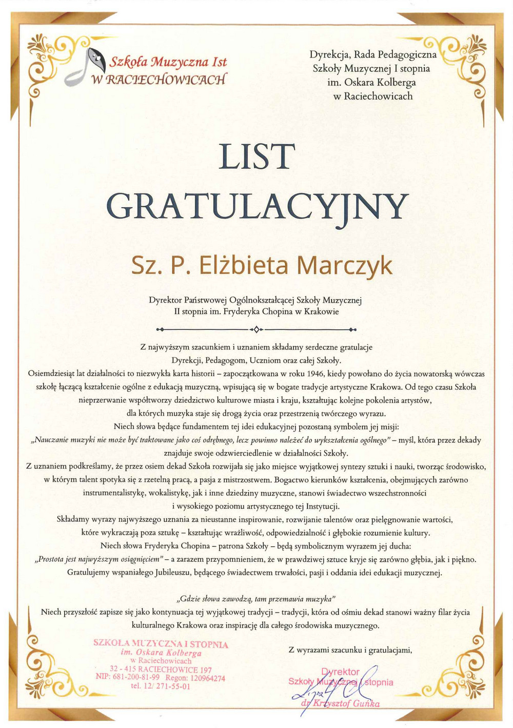 p. Krzysztof Guńka - dyrektor SM I st. w Raciechowicach