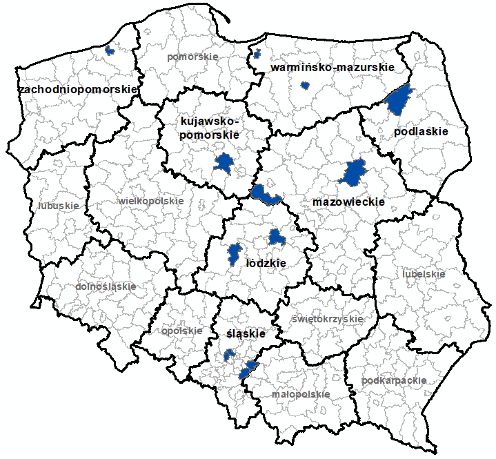 Ilustracja przedstawia obszary powiatów objętych aktualizacją zbiorów danych BDOT10k.