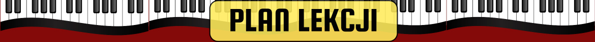 Wąski baner w poziomie z ikonografiką klawiatury fortepianowej, na której tle w żółtym obszarze jest napis: PLAN LEKCJI