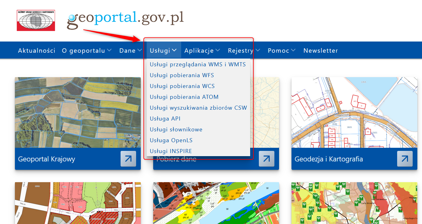 Widok strony www.geoportal.gov.pl oraz wskazana zakładka "Usługi".