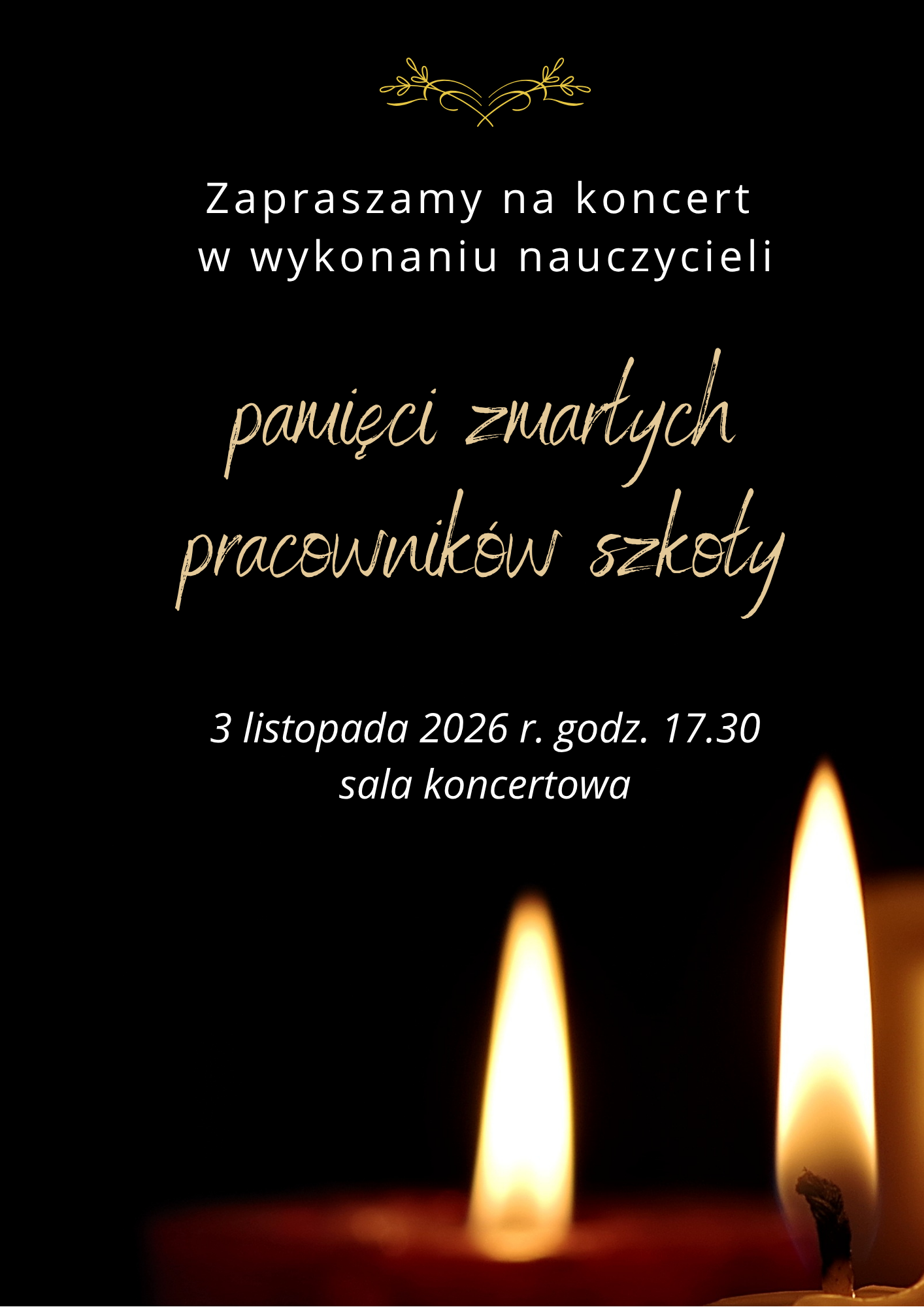 Plakat z grafiką płonących świec na czarnym tle