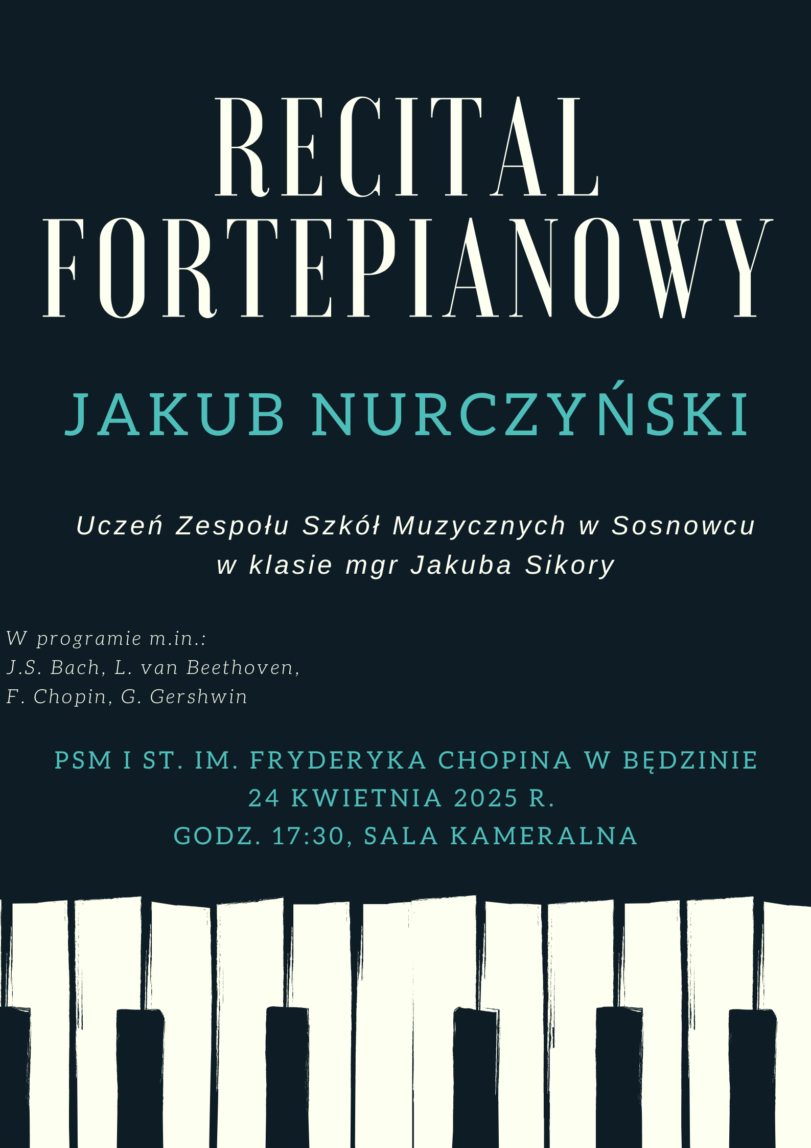 plakat na czarnym tle, na dole ikony fortepianu, od góry i na środku opis wydarzenia