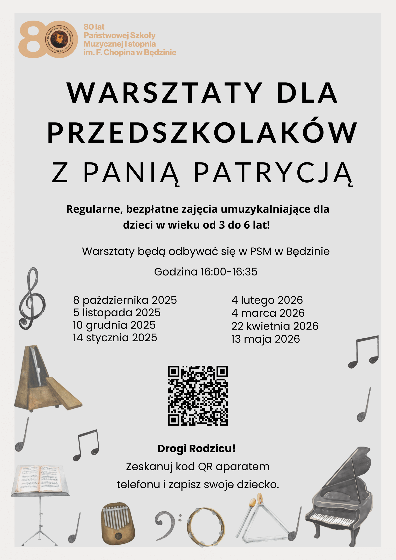 plakat na szarym tle, na środku daty wydarzeń, u góry logo szkoły, wokół ikony instrumentów